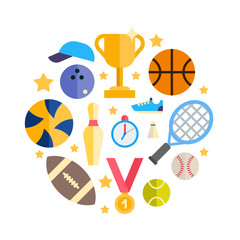 Sport Equipment and Objects in the Shape of Circle. Vector Illustration in Flat Design Style