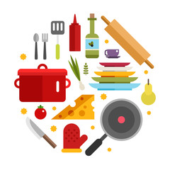 Kitchen Appliances and Objects in the Shape of Circle. Cookware, Food, Fruits, Vegetables, Bottles. Flat Vector Illustration