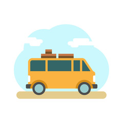 Traveler truck on the road. Outdoor journey camping traveling vacation. Travel van. Flat style vector illustration