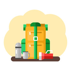 Obraz premium Travel kit with backpack and camping stuff. Vector Illustration in Flat Design Style