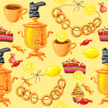 Seamless tea pattern Russian samovar. Perfect for wallpapers, pattern fills, web page backgrounds, surface textures, textile