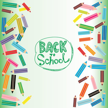 Back To School Flat Colored Pencils On White And Green Backgroun