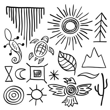 Hand drawn doodle vector native american symbols set