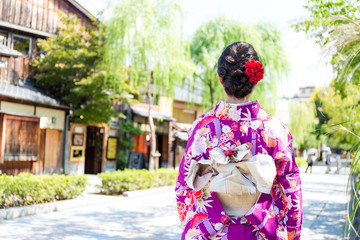 The back view of woman with kimono dressing