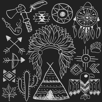 Hand drawn doodle vector native american symbols set