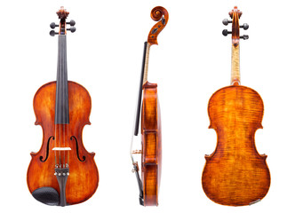 Front, side and back view of a violin