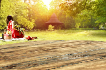 wooden table place and park space 