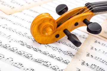 Close view of a violin scroll on score
