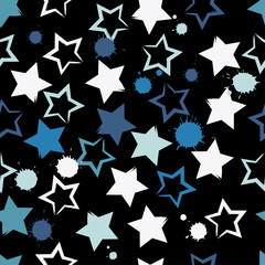 Cute vector geometric seamless pattern. Brush strokesand stars and blots. Hand drawn grunge texture. Abstract forms. Endless texture can be used for printing onto fabric or paper