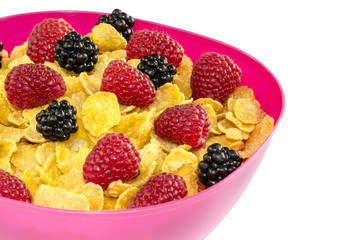 Desayuno sano con los cereales de maíz y frambuesas y moras