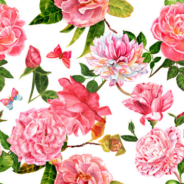 Seamless background pattern with pink watercolor flowers and butterflies