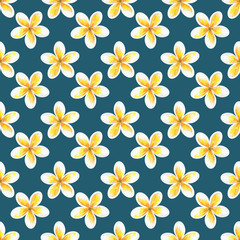Fototapeta na wymiar Seamless summer pattern with frangipani plumeria tropical flowers vector background. Perfect for wallpapers, pattern fills, web page backgrounds, surface textures, textile