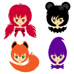 Four variants of an anime girl's portrait. Girl in Japanese style. Cute anime girls. Set of cute little girl flat vector illustration for your design (shirt, poster, banner)