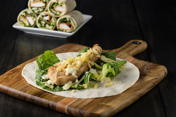 Breaded Chicken burrito Wrap With Fresh Lettuce Cheese