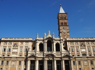 Fototapeta na wymiar Facade of the Papal Basilica of Santa Maria Maggiore, a basilica whose location was chosen by Virgin Mary, in Rome