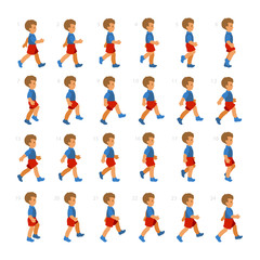Phases of Step Movements Boy in Walking Sequence for Game Animation