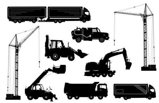 Construction equipment: trucks, excavator, bulldozer, elevator, cranes. Detailed silhouettes of construction machines isolated on white. Vector illustration