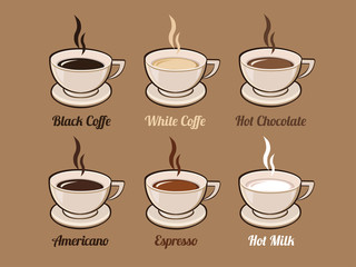 Coffee Pack Vector. Hot Chocolate. Hot Milk. Black Coffee. White Coffee. Espresso. Cappuccino. American Coffee