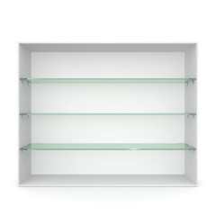 White empty showcase with glass shelves green