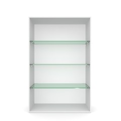 White empty showcase with glass shelves green