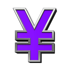 Fototapeta premium Yen sign from violet with silver frame alphabet set, isolated on white. 3D illustration.