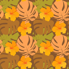 Vector seamless pattern with silhouette of tropical leafs 
