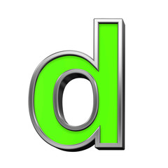 One lower case letter from green with silver frame alphabet set, isolated on white. 3D illustration.
