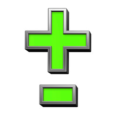 Obraz premium Hyphen, minus, plus marks from green with silver frame alphabet set, isolated on white. 3D illustration.