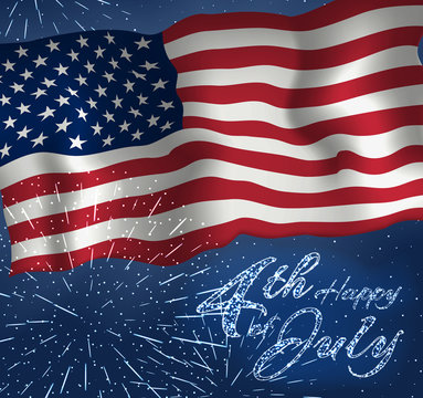 Festive design for fourth of July Independence Day USA. With realistic american flag, firework and glitter text.