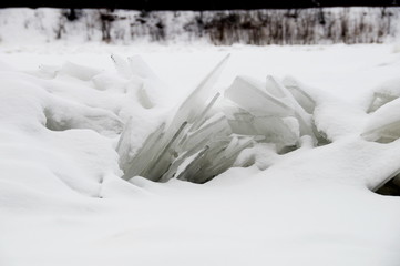 Ice on the river in the winter under the snow