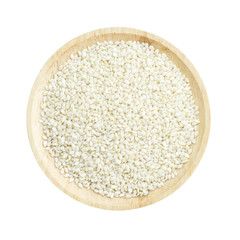 White sesame seed in wooden bowl isolated on white background