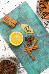 Spices and herbs. Food, cuisine ingredients, cinnamon, clove, anise, lemon