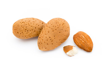 Group of almond nuts. Isolated on a white background.