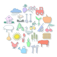 Agricultural icon set. Garden equipment set. Farming business collection.