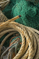 rigs and fishing nets with a port in Mallorca, Spain. Detail of