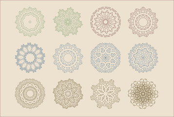 Circular mandalas snowflakes design set. Vector graphic design assets to improve your artwork with polished organic and geometric ornaments