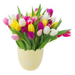 bouquet of  pink, purple and white  tulips