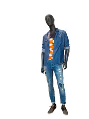 Male mannequin dressed in blue denim shirt and jeans.