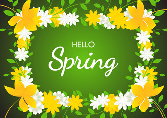 Hello Spring on flowers frame background