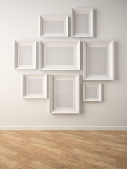 Part of interior with white frames on the wall 3D rendering