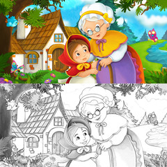 Cartoon scene child with grandmother standing near the house - illustration for children - illustration for children