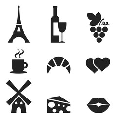 Icons set French Cuisine and culture. Vector black Paris icons set. Isolated object.