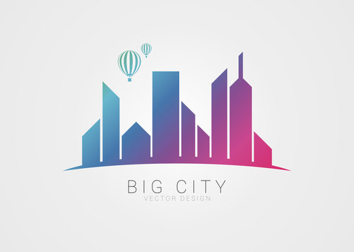 Big city symbol. Modern colorful style with hot air balloon