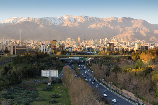Tehran Skyline and Highway with Alborz Mountain, Iran