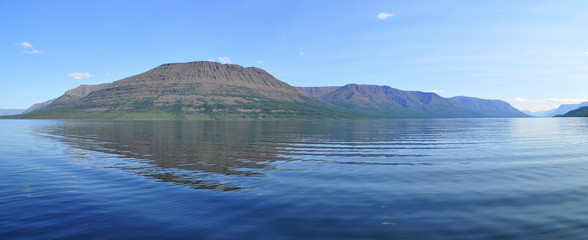 Panorama mountain lakes on the Putorana plateau.