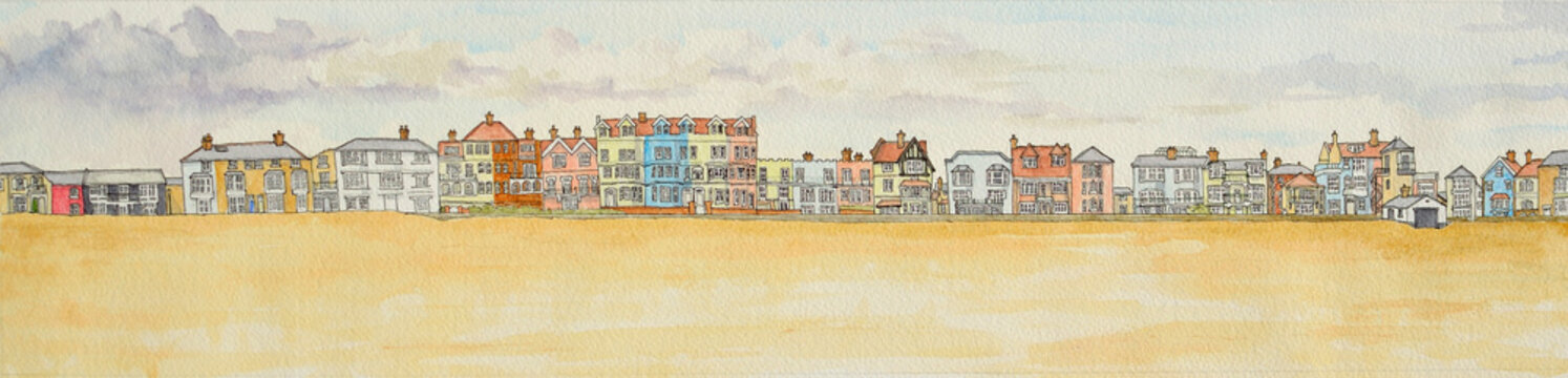 Aldeburgh seafront panorama Ink and Watercolour painting 