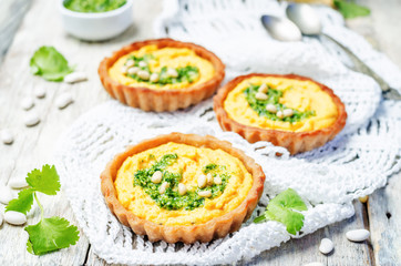 buckwheat tartlets with with white beans carrot hummus and cilan