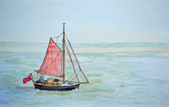 Ink and watercolour painting of vintage sailing boat with red sails