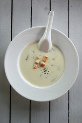 Mushroom cream soup on a table, food