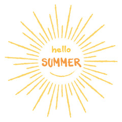 Hello summer card with abstract grunge outlined sun isolated on white background.
